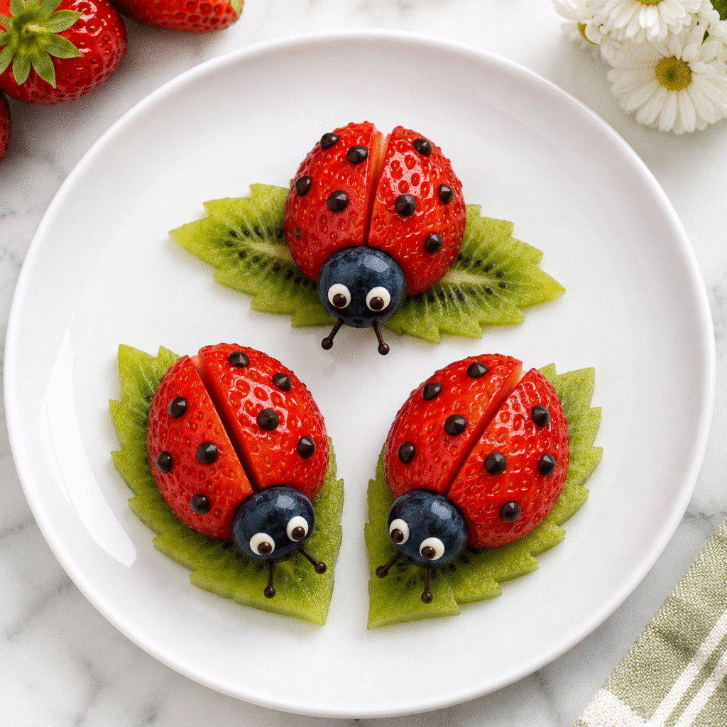 Easy fruit animals strawberry ladybugs made with fresh strawberries, blueberries, kiwi and chocolate chips.