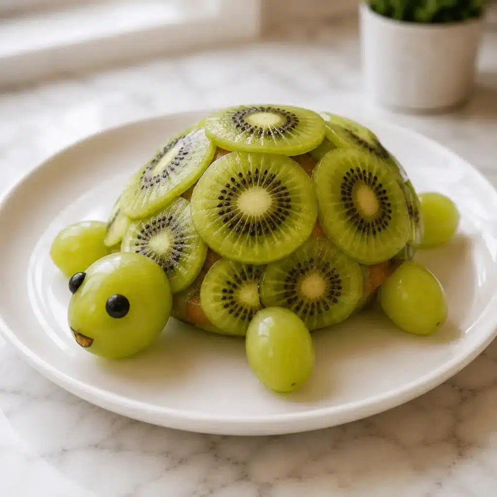 Easy fruit animals turtle made with kiwi slices and green grapes.