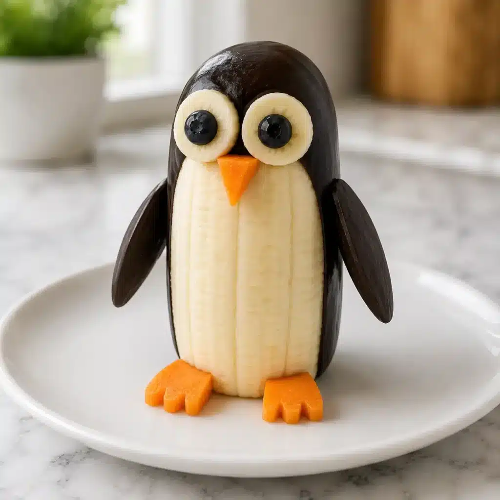 Easy fruit animals banana penguin made with banana, blueberries, dark chocolate and carrot.