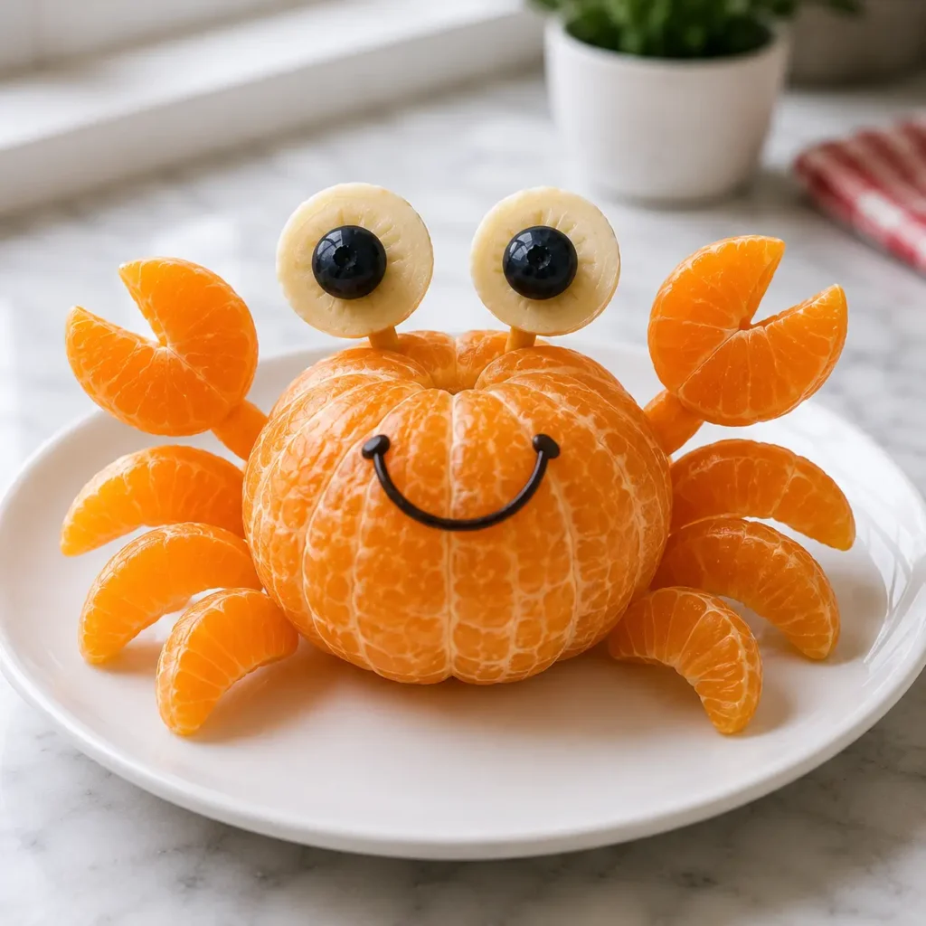 Easy fruit animals mandarin crab made with fresh clementine, banana and blueberries.