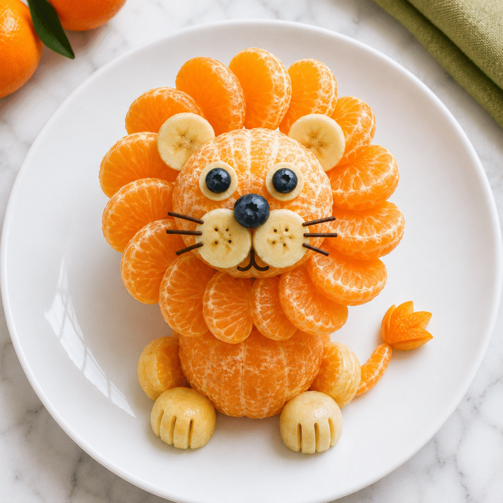 Easy fruit animals mandarin lion made with clementine, banana and blueberries.