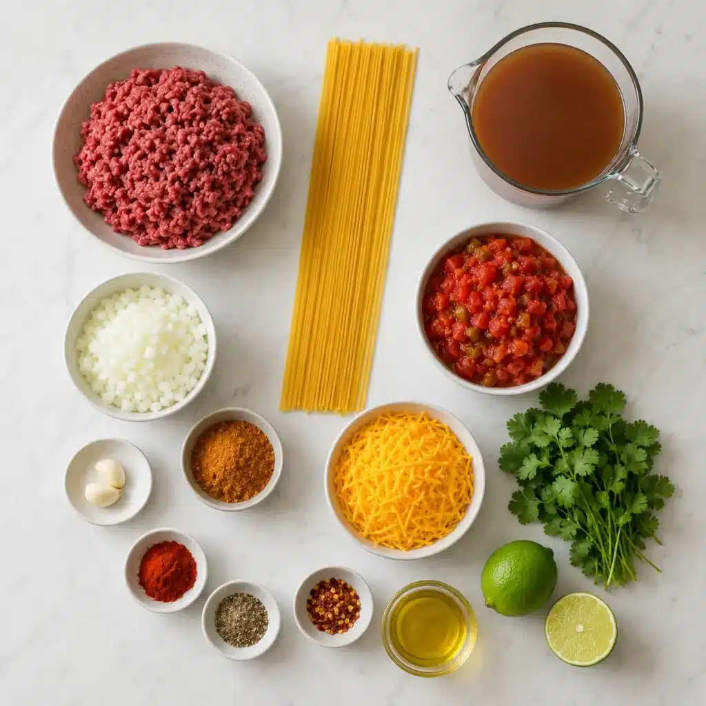 Ingredients for taco spaghetti with ground beef, spaghetti, tomatoes and cheddar