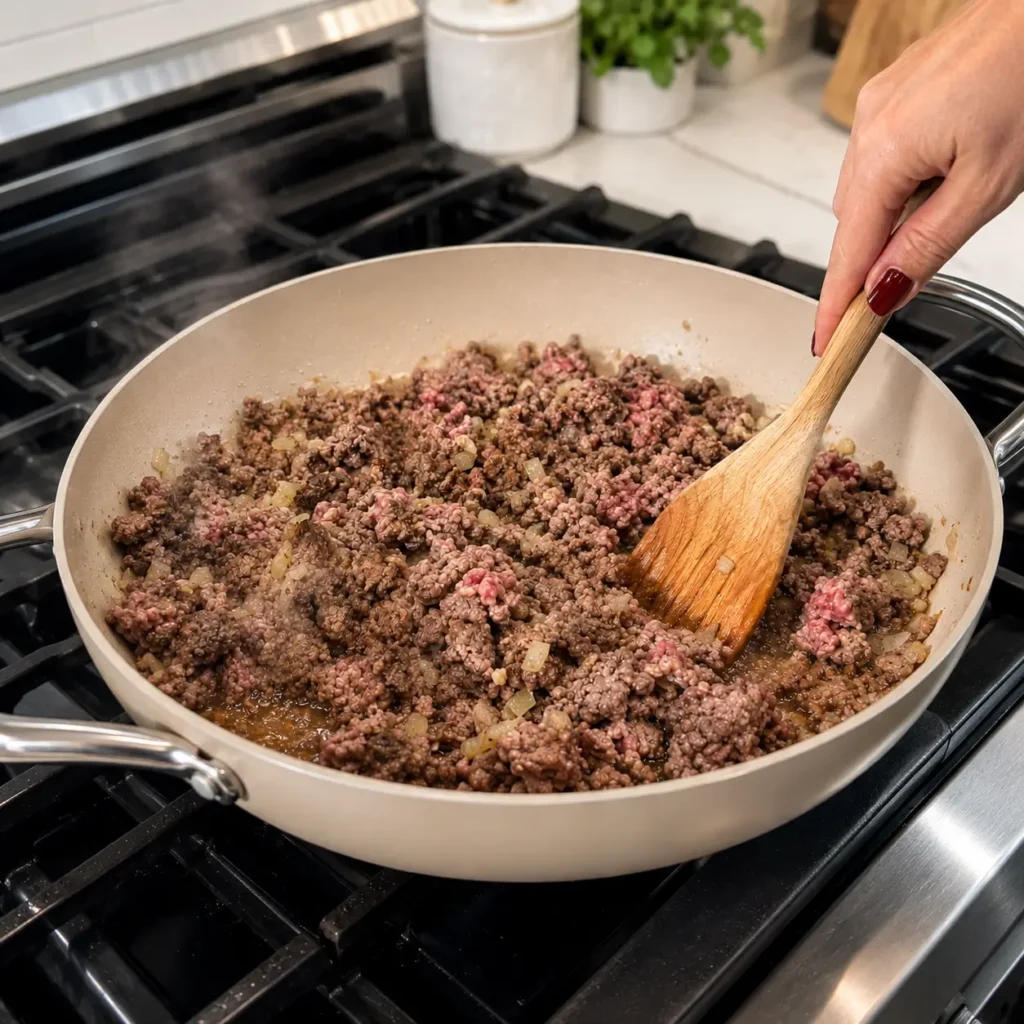 Ground beef browning with onion and garlic for taco spaghetti