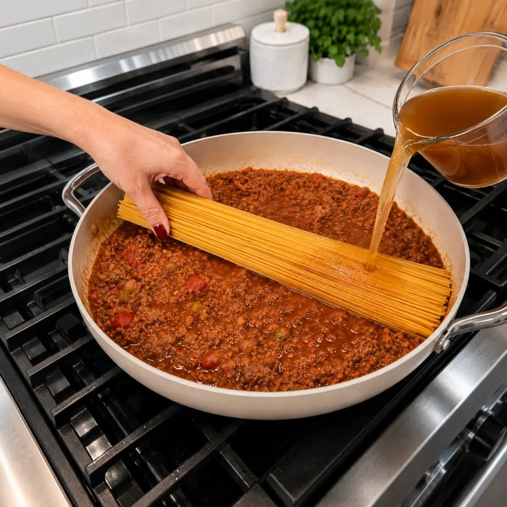 Full-length spaghetti added to seasoned taco beef sauce