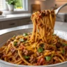 One-Pot Taco Spaghetti with ground beef, cheddar and cilantro