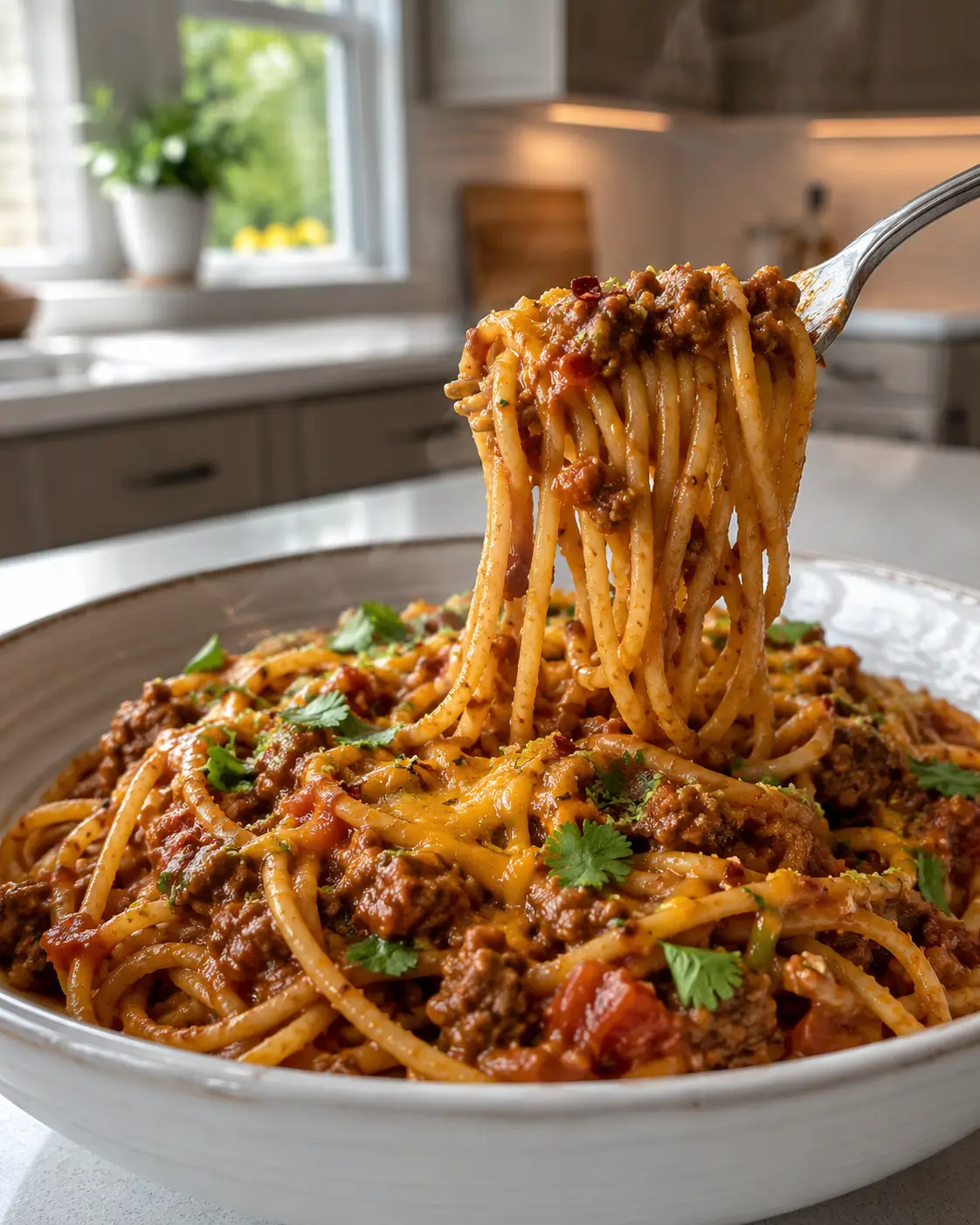 One-Pot Taco Spaghetti with ground beef, cheddar and cilantro