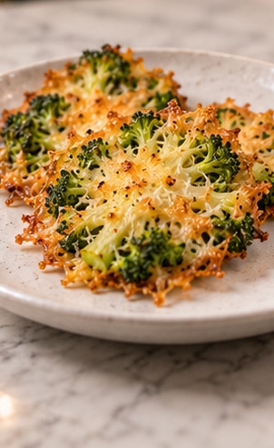 Crispy parmesan smashed broccoli with golden cheese edges on a white ceramic plate