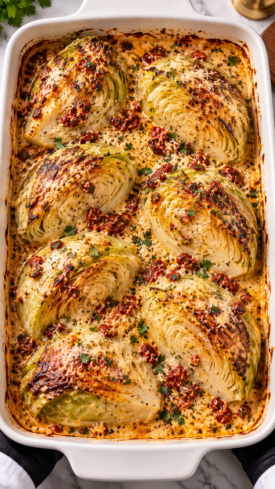 Marry me melting cabbage with golden wedges in creamy garlic Parmesan sauce