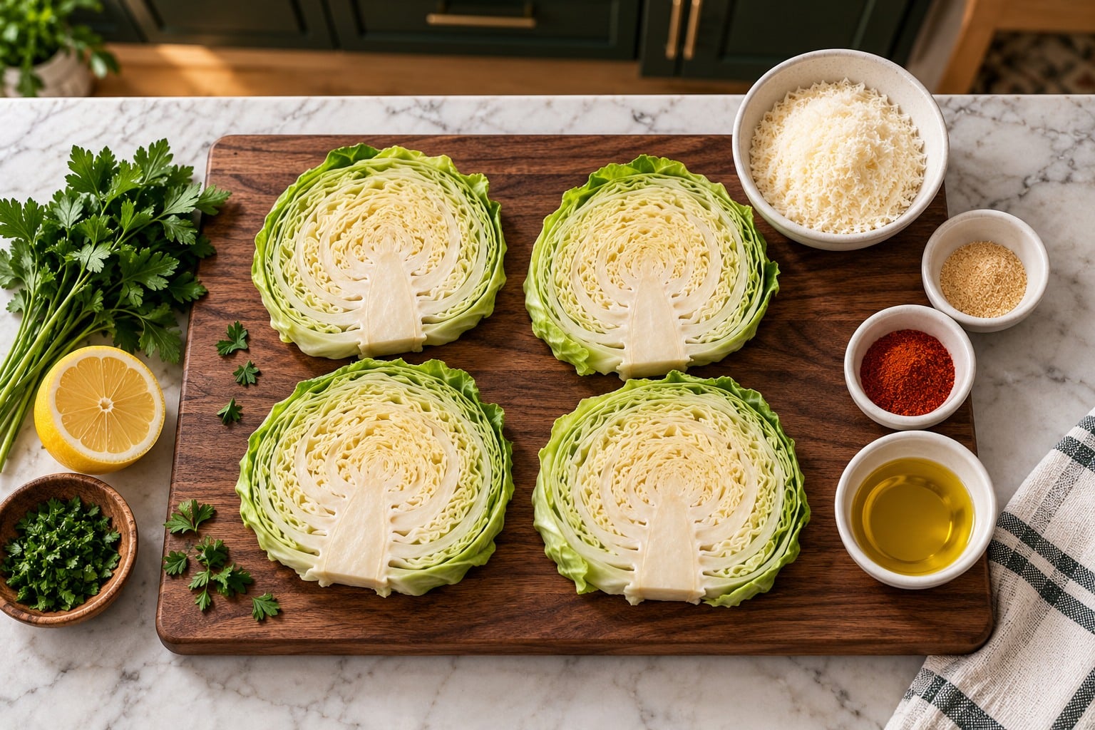 Ingredients prepared for crispy parmesan cabbage steaks