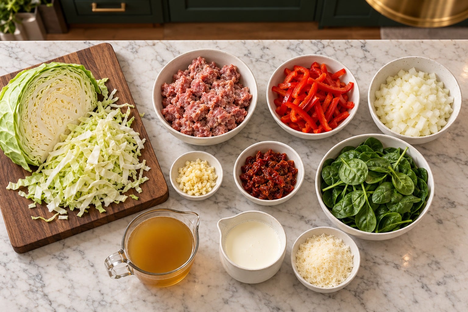 Ingredients prepared for marry me cabbage soup