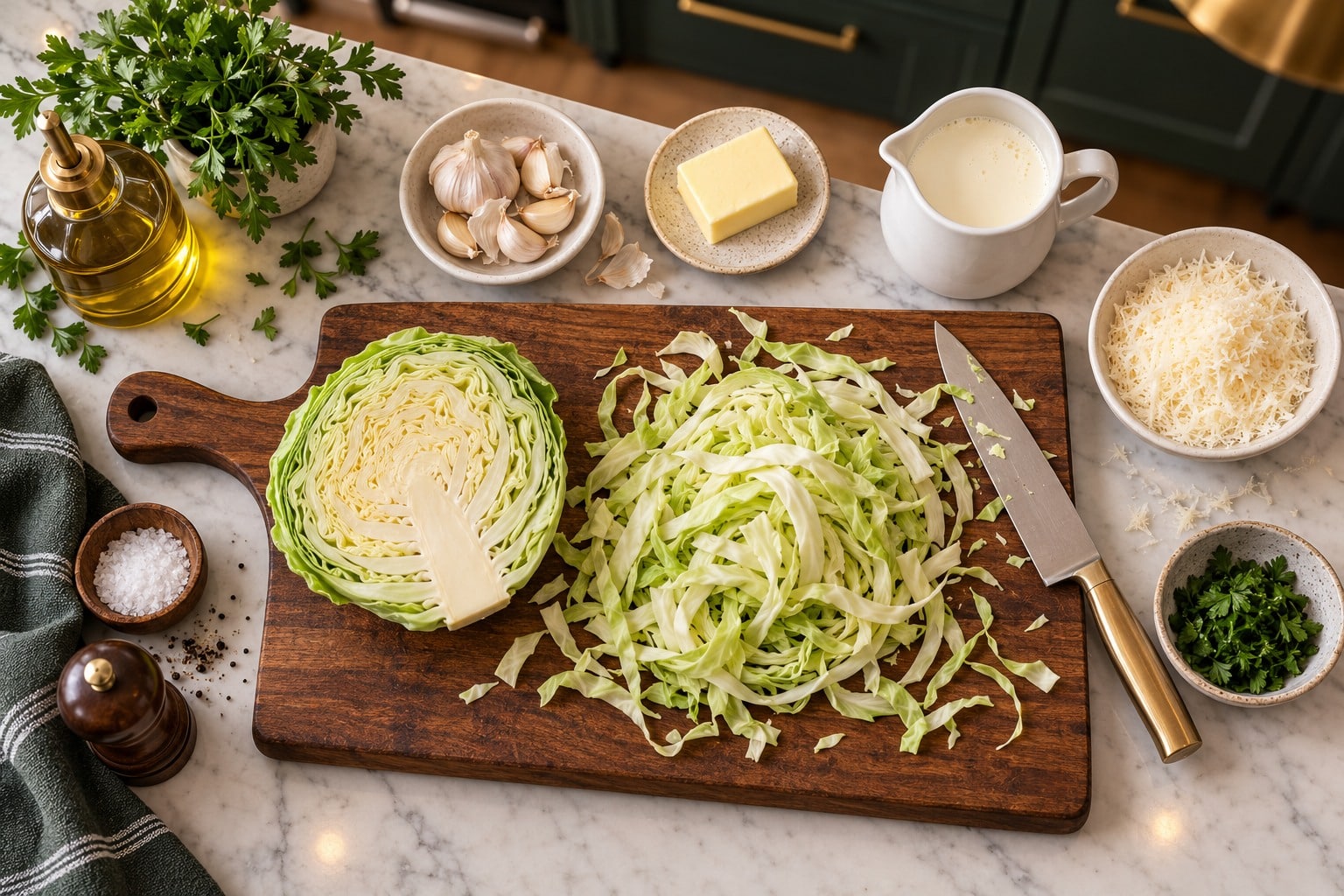 Ingredients prepared for cabbage alfredo