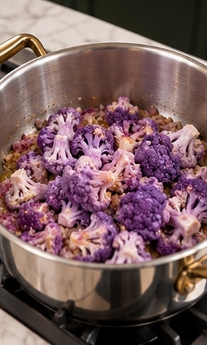 Purple cauliflower soup with florets and aromatics