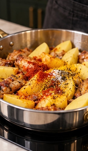 Chicken wings and potatoes with paprika and turmeric in the skillet