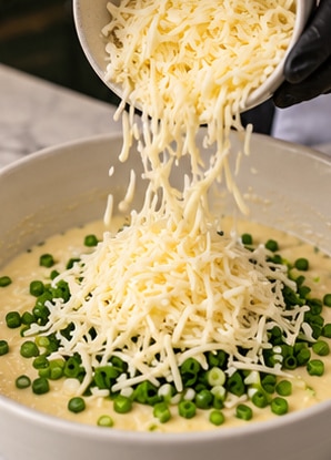 savory cheese pancakes batter with grated cheese and green onions