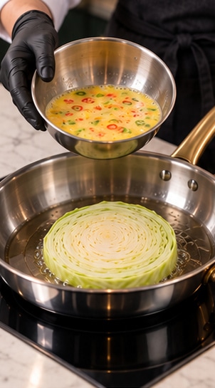 cabbage omelet — beaten eggs with red and green pepper rings above cabbage