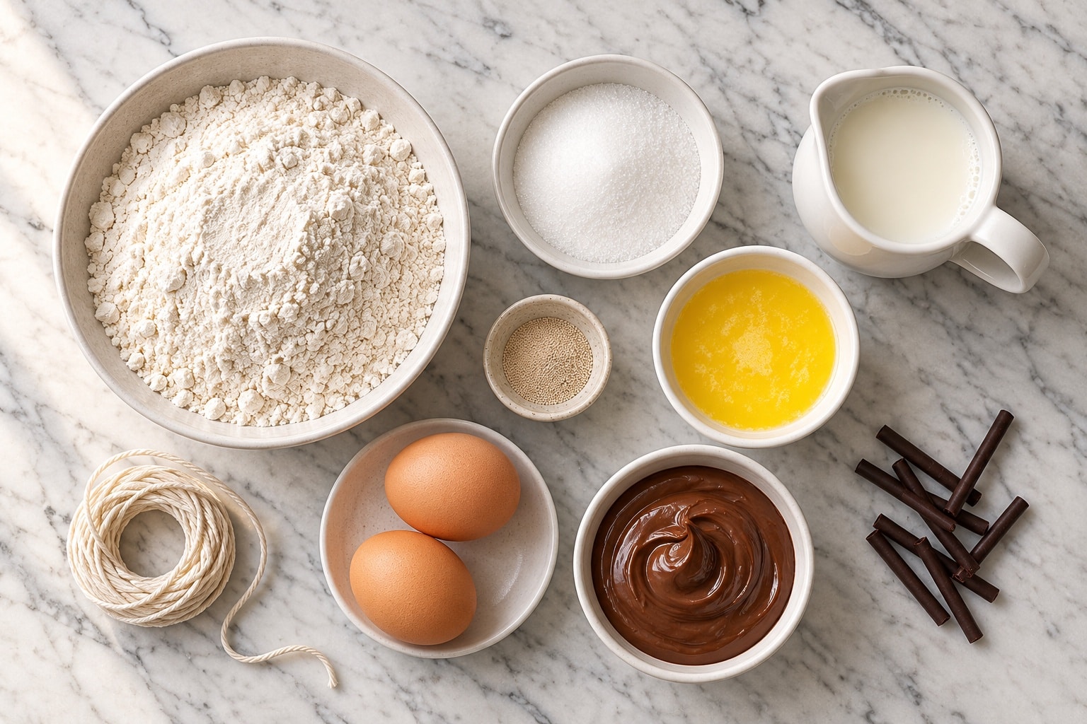 Pumpkin shaped donuts ingredients with flour, eggs, milk, butter, yeast, sugar, and chocolate spread