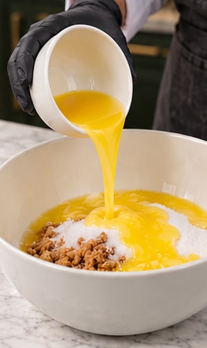 chocolate chip cookie pie ingredients mixed with melted butter and sugar