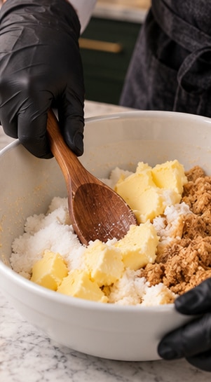 Butter and two sugars in a bowl for nutella stuffed cookies