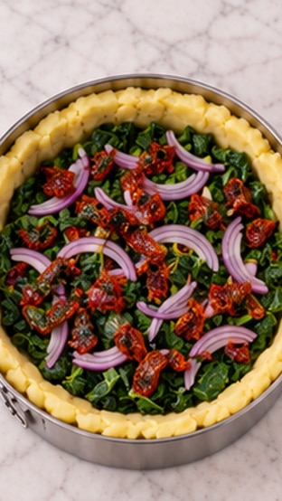 Potato crust quiche shell layered with spinach, red onion, and sun-dried tomatoes