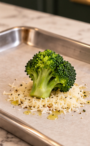 Crispy parmesan smashed broccoli ingredients: tender broccoli on grated Parmesan and seasoned olive oil