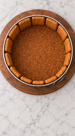 no bake Biscoff cheesecake pressed cookie crust and upright cookie border