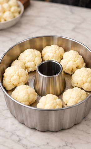 Cauliflower egg bake preparation with drained florets arranged in a ring mold