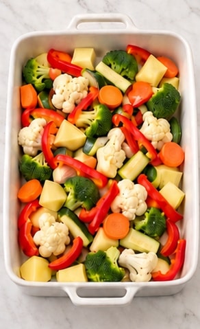 Roasted vegetables ingredients with cauliflower broccoli potatoes carrots and red pepper