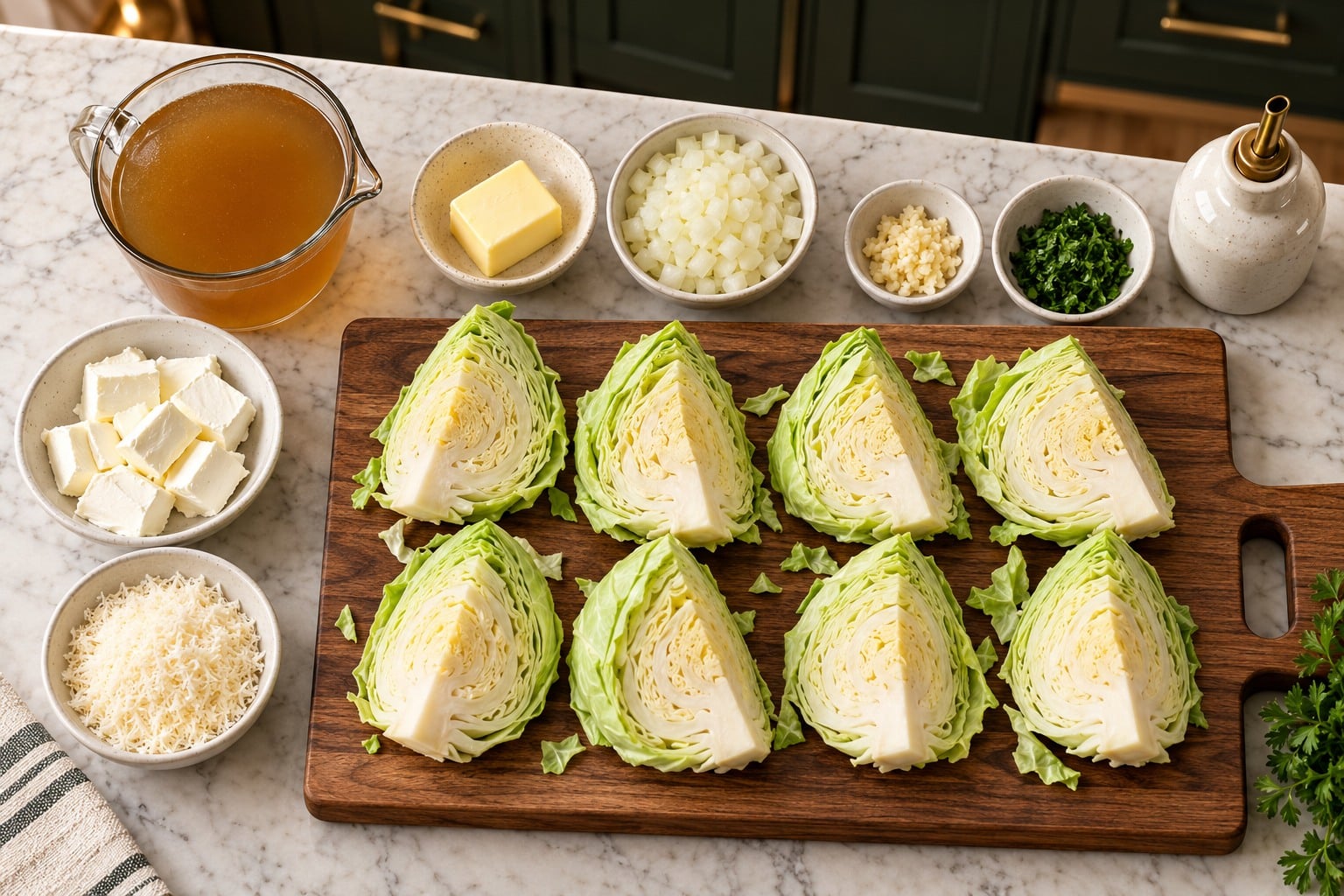 Ingredients prepared for garlic parmesan melting cabbage