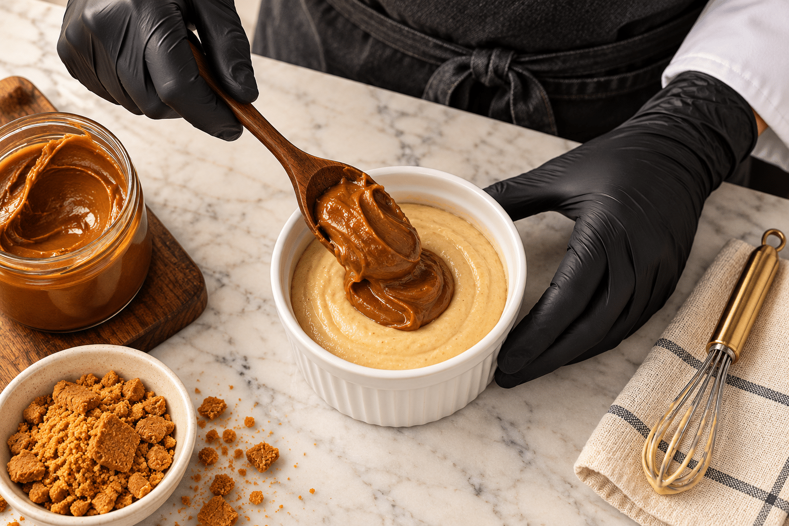 4-ingredient biscoff lava mug cake — chilled cookie butter center placed in batter