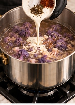 Purple cauliflower soup simmering with cream