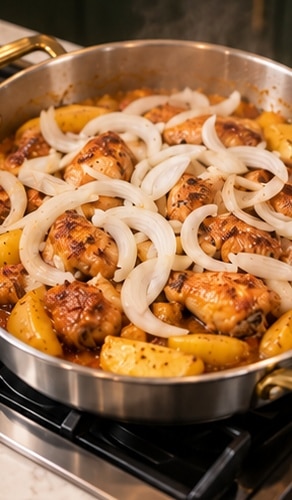 Chicken wings and potatoes cooking with sliced onion