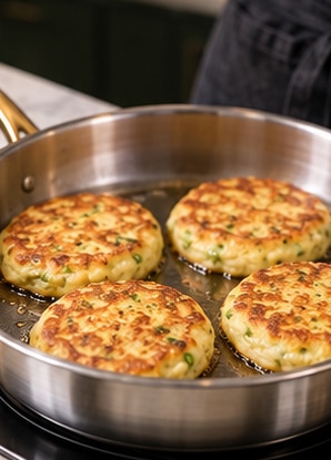 savory cheese pancakes turning golden in a polished skillet