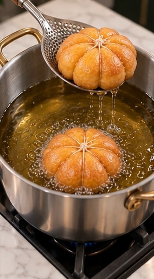 Pumpkin shaped donuts frying golden in a stainless steel pot
