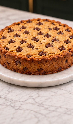 chocolate chip cookie pie baked until golden with chocolate chips on top