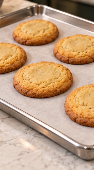 Golden baked nutella stuffed cookies cooling on parchment