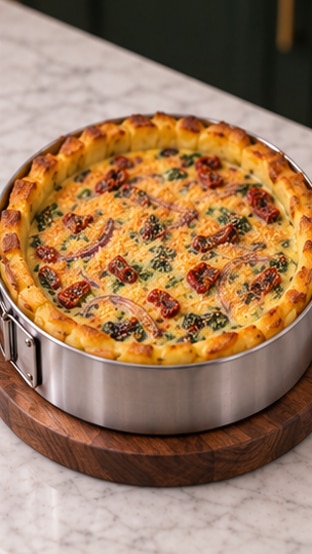 Baked potato crust quiche with golden potato edges and set egg filling