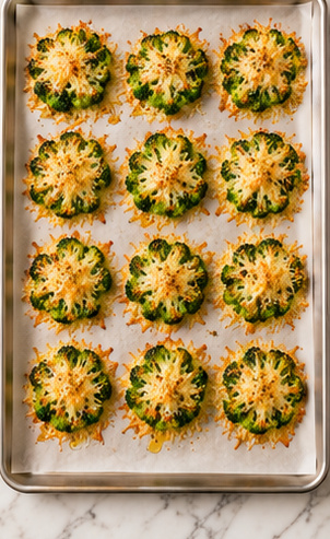 Crispy parmesan smashed broccoli after baking with golden cheese skirts