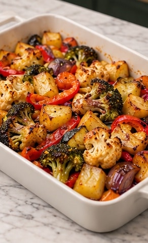 Roasted vegetables after cooking with browned edges in a white ceramic dish