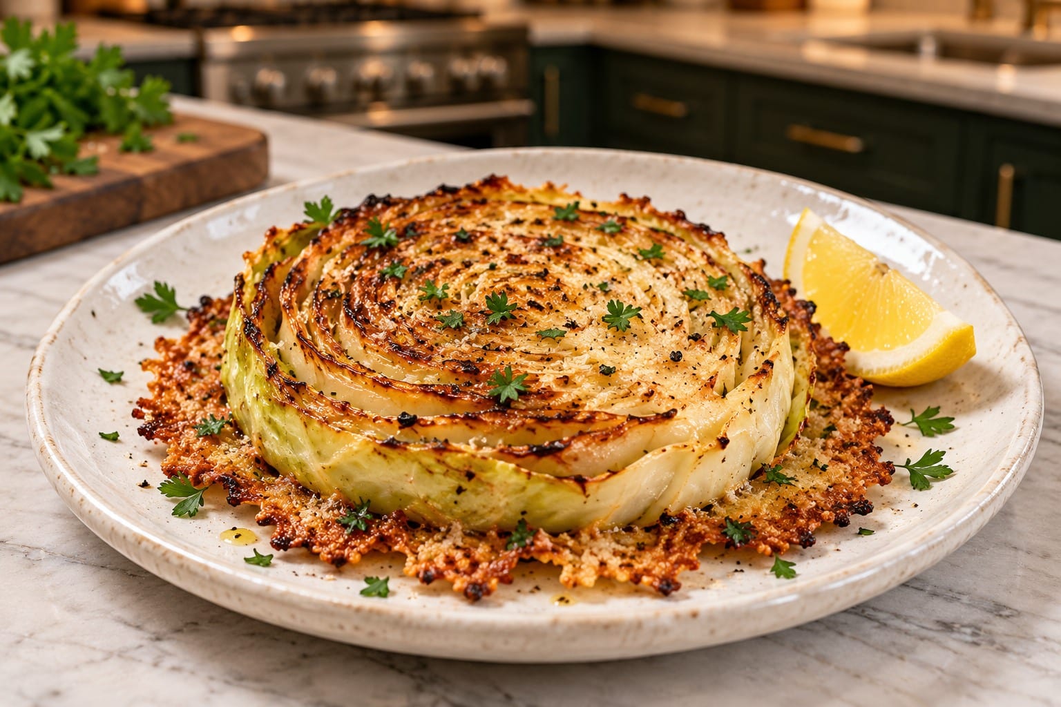 Finished crispy parmesan cabbage steaks ready to serve