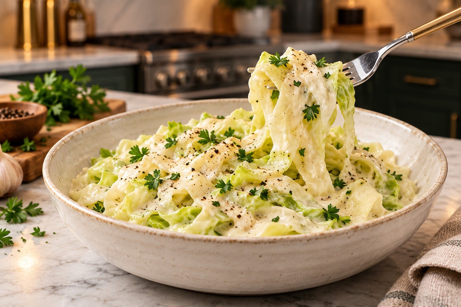 Finished cabbage alfredo ready to serve