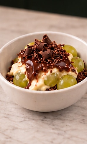 Brazilian grape dessert served with grapes cream and chocolate
