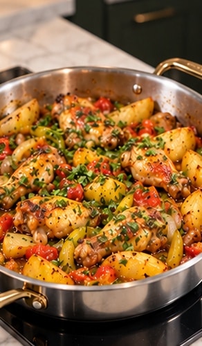 Chicken wings and potatoes with tomato pepper and parsley