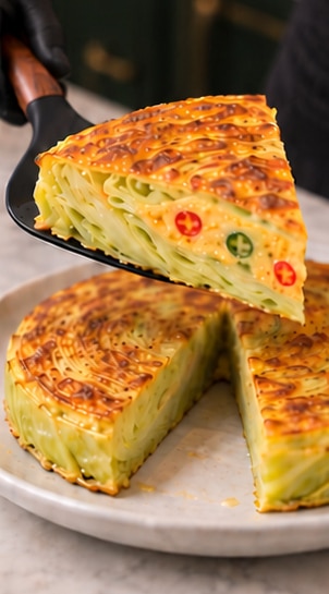 cabbage omelet — cooked layered wedge lifted from white plate