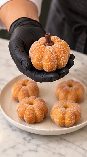 Pumpkin shaped donuts filled with chocolate and finished with an edible stem