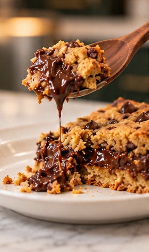 chocolate chip cookie pie wedge served on a white plate with chocolate filling