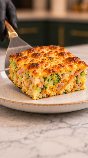 broccoli egg bake a warm sliced portion served on white ceramic