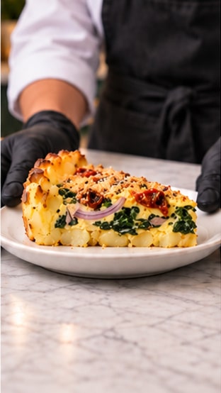 Potato crust quiche wedge revealing its spinach and egg filling