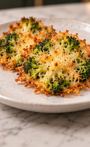 Crispy parmesan smashed broccoli plated warm with green centers and crisp cheese edges