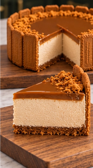no bake Biscoff cheesecake chilled slice served on a wooden board