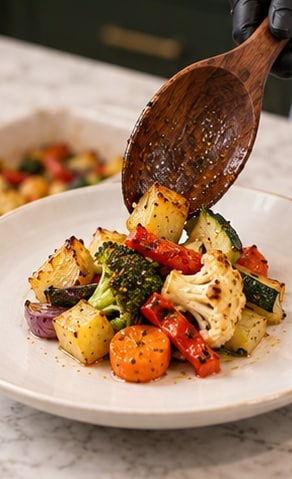 Roasted vegetables being spooned onto a small serving plate